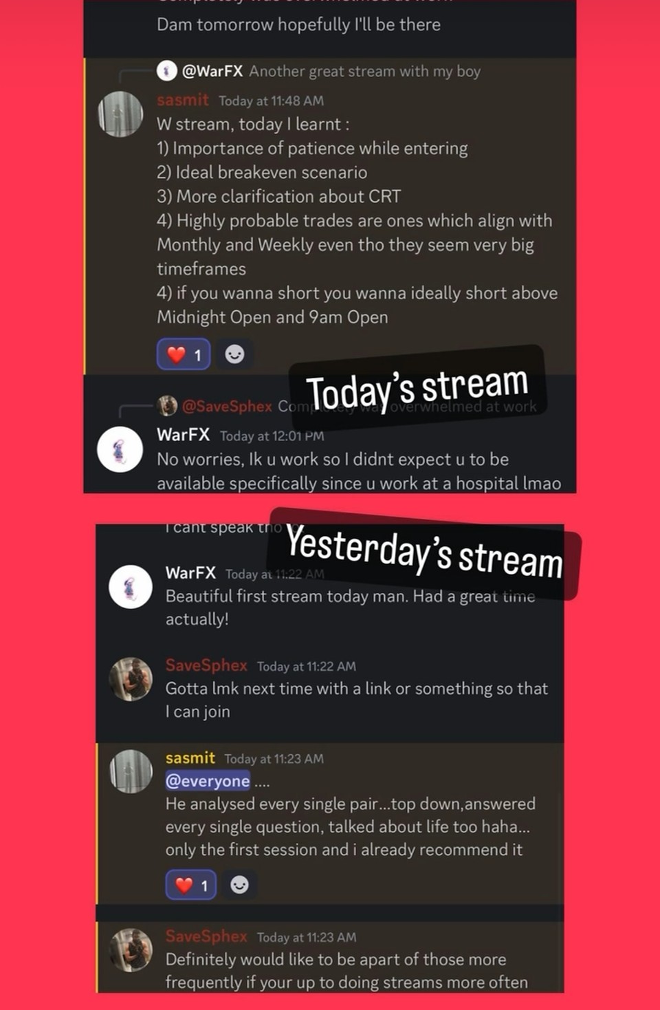 Member notes from a live stream