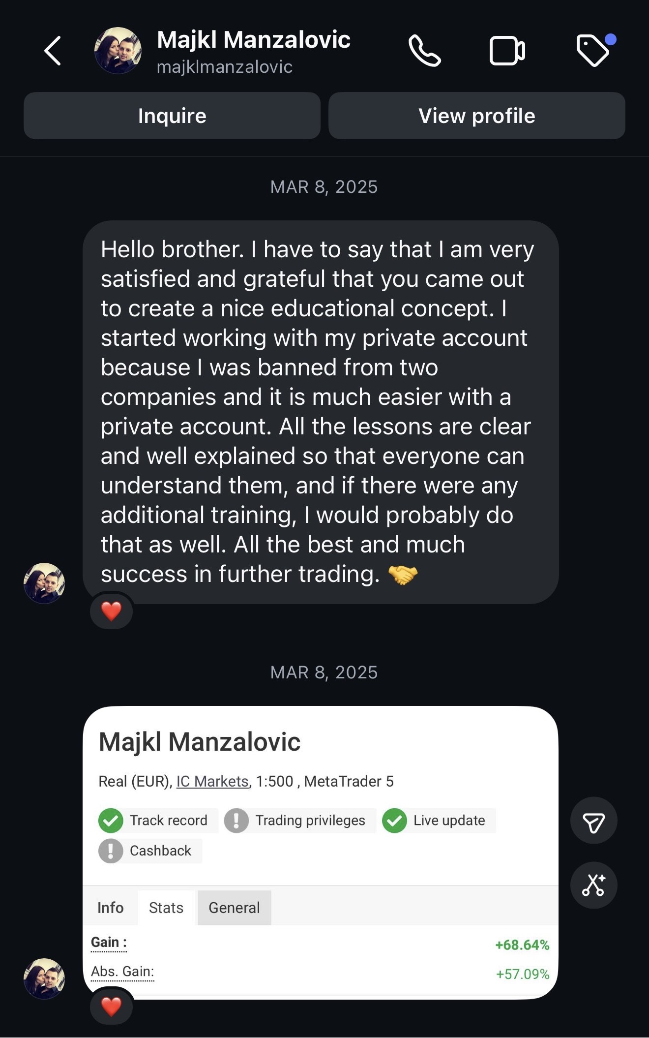 Student's verified live account up 68.64%