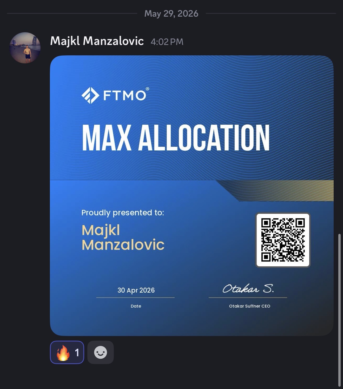 Student reaching FTMO Max Allocation, the top funded tier